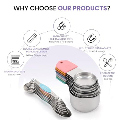 Magnetic Measuring Cups and Spoons Set-Heavy Duty 304 Stainless Steel，Double Measurement Markings，Set of 16 with Leveler for Measure Dry and Liquid Ingredients