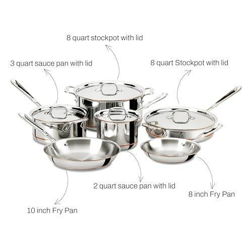All-Clad Copper Core 5-Ply Stainless Steel Cookware Set 10 Piece Induction Oven Broiler Safe 600F Pots and Pans Silver
