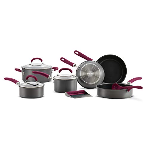Rachael Ray Create Delicious Hard Anodized Nonstick Cookware Pots and Pans Set, 11 Piece, Burgundy Handles