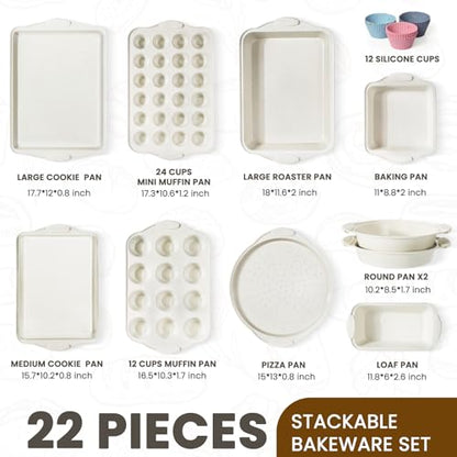Kikcoin 22 PCS Nonstick Baking Pans Set, Stackable Bakeware Sets with Silicone Handles, 450°F Oven Safe Baking Sheet Set, Easy Release Cookie Sheets for Baking, Cream