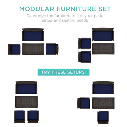 Best Choice Products 4-Piece Outdoor Wicker Patio Conversation Furniture Set for Backyard w/Coffee Table, Seat Cushions - Brown/Navy