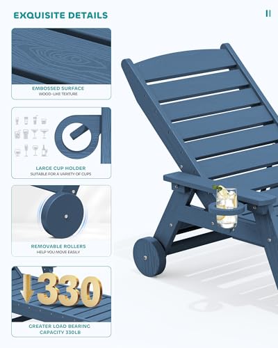 SERWALL Patio Chaise Lounge Chair Set of 2, 78'' Long 5-Positions Adjustable HDPE Outdoor Lounger for Pool, Poly Lounge Chair with Rolling Wheels & Cup Holder for Poolside, Deck, Blue