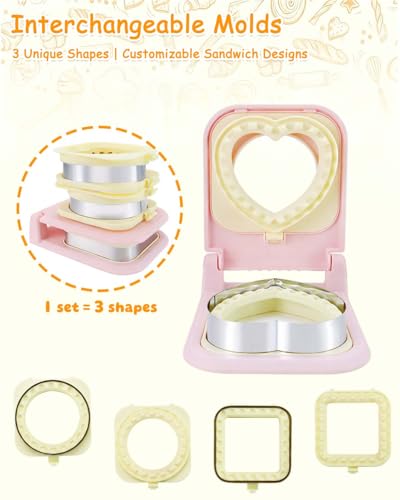3-in-1 Uncrustable Sandwich Maker - Heart/Circle/Square Crustless Sandwich Cutter & Sealer for Kids' Lunch, Breakfast & Lunchboxes | BPA-Free Uncrustable Press, Easy Clean (3-Shape Pink)