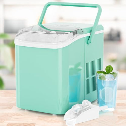 KMFurnila Ice Makers Countertop, Portable Ice Machine with Handle, 6 Mins 9 Bullet Cubes with Basket and Scoop, 26lbs in 24Hrs, Auto-Cleaning, for Home, Kitchen, RV, Camping, Green