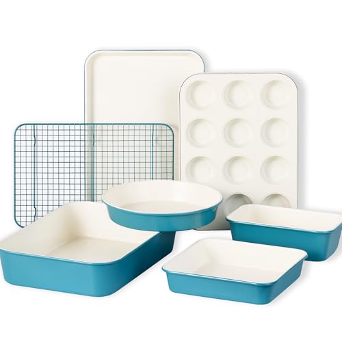 CAROTE 7-Piece Ceramic Baking Pans Set, Aluminized Steel Bakeware Sets, Toxin-Free Nonstick Stackable Oven Pans with Cookie Sheet, Muffin Pan, Loaf Pan, Roasting Pan, Cake Pans, Cooling Rack