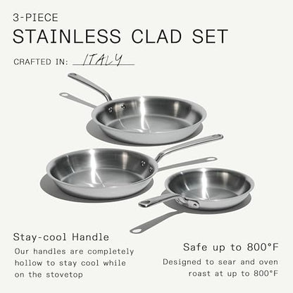 Made In Cookware | 3-Piece (Includes 8",10",12") Stainless Frying Pan Set | 5 Ply Stainless Clad | Professional Cookware | Crafted in Italy | Induction Compatible