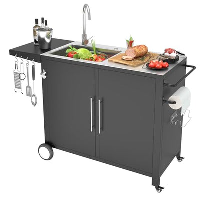 JFHID Outdoor Kitchen Sink with Hose Hook up, Stainless Steel Prep Table Kitchen Island, Rolling Pizza Oven Stand BBQ Grill Table for Garden, Backyard and Lawn