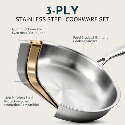 3 Ply Stainless Steel Cookware Set, AIVIKI 10-Pieces Pots and Pans Set, Induction Kitchen Cookware Set, Oven Safe to 500℉, Chef Quality Cooking Set w/Fry Pans, Saucepans, Dutch Oven, Kitchen Essential