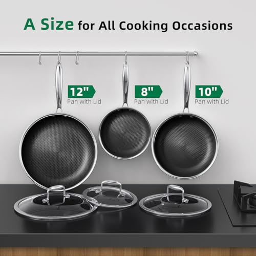 MOMOSTAR Hybrid Nonstick 6-Piece Fry Pan Set, 8, 10, and 12-Inch Pots and Pans with Tempered Glass Lids, Stay-Cool Handles, Dishwasher-Friendly, Induction Ready, Compatible with All Cooktops