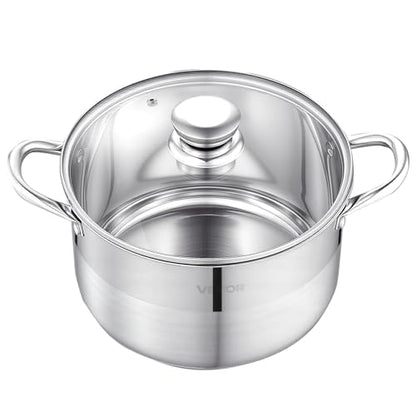 VEVOR Stainless Steel Stock Pot, 8QT Stainless Steel Stockpot with Glass Lid, PFOA-Free, PFAS-Free, Compatible with Gas Stoves, Induction Cooktops, Electric Stoves, for Soups, Stews, and Pasta