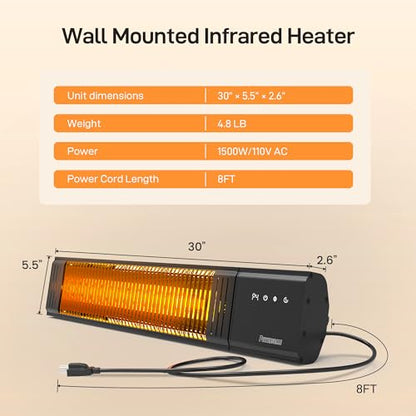 Powerscale 1500W Electric Patio Heater, IP65 Waterproof, Remote, Fast Heating, 4 Heat Levels, 24H Timer & Memory Function, Wall Mounted Indoor/Outdoor Heater for Patio, Garage, Backyard, Black