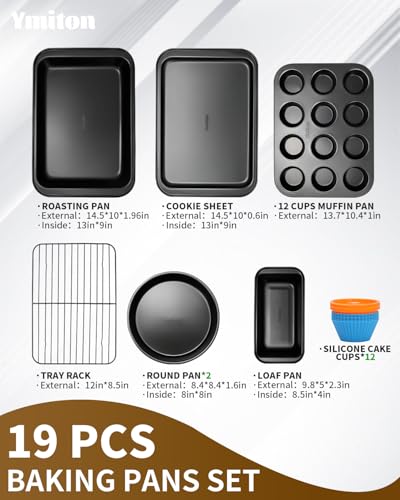 Ymiton Nonstick Baking Pans Set, 19 PCS Stackable Bakeware Sets, Oven Pan Set Includes Baking Tray, Cookie Sheet, Cake Pans, Loaf Pan, Muffin Pan, Silicone Cups