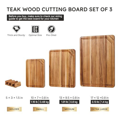 3 Pack Teak Wood Cutting Board Set for Kitchen Charcuterie Board Serving Heavy Duty Non Toxic Slip Hardwood Over Sink Solid Thick Haus Wooden Chopping Board Large Big Small Meat Best Essential Gift