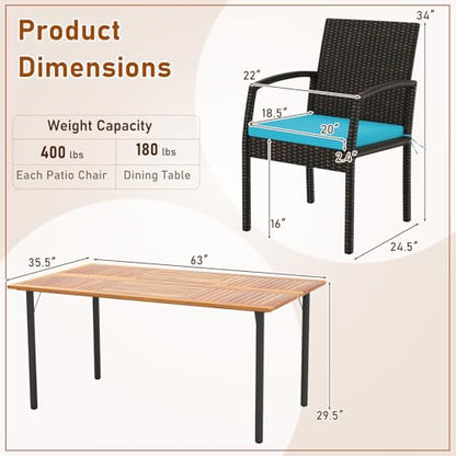 Tangkula 7 Pieces Outdoor Dining Set, Patio Acacia Wood Table and PE Rattan Chairs with Soft Cushions and 2” Umbrella Hole for Deck, Garden and Backyard