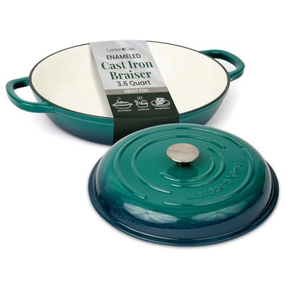 Larder & Vine Enameled Cast Iron Braiser | 3.6 qt Braiser Pan with Lid | Shallow Dutch Oven Compatible on All Cooktops | Casserole Dish Oven Safe to 500° F | Dual Handles | Bondi