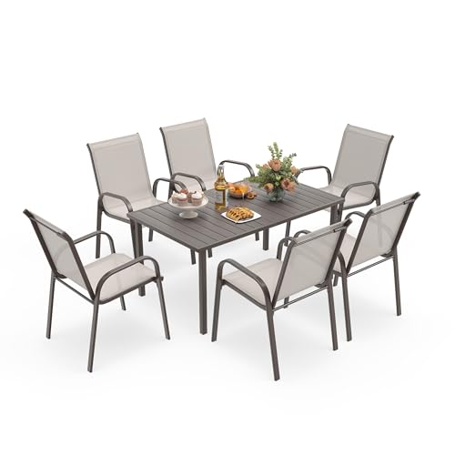 HAPPATIO Outdoor Patio Dining Set, 6 Quick Dry Textilene Dining Chairs and Dining Table with Umbrella Hole, Stackable Textilene Chairs for Garden, Patio and Poolside Backyard, Grey