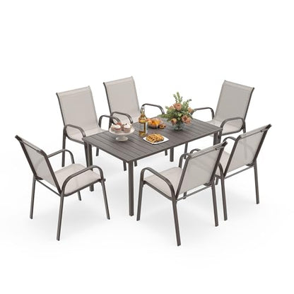 HAPPATIO Outdoor Patio Dining Set, 6 Quick Dry Textilene Dining Chairs and Dining Table with Umbrella Hole, Stackable Textilene Chairs for Garden, Patio and Poolside Backyard, Grey