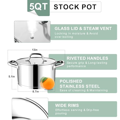 E-far Stainless Steel Stockpot, 5 Quart Pot with Glass Lid for Soup Pasta, Induction Nontoxic Cooking Pot for All Stoves, Thick Tri-Ply Bottom & Double Riveted Handle, Oven & Dishwasher Safe