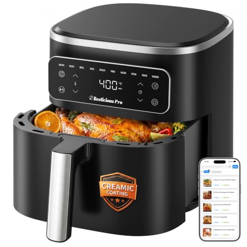 Beelicious Pro 10-in-1 MicroTemp Air Fryer 6.5QT, PFAS-Free Ceramic Coating Airfryers, Nonstick & Dishwasher Safe, AI-Powered E-Recipes, Shake Reminder, Compact, Digital Display