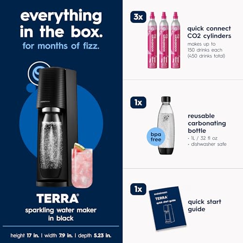 SodaStream TERRA Sparkling Water Maker, CO2 Bundle, CQC CO2 System, Includes 3 Quick Connect 60L CO2 Cylinders, 1 Dishwasher Safe BPA Free Bottle, Make your own Pepsi, Black