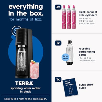 SodaStream TERRA Sparkling Water Maker, CO2 Bundle, CQC CO2 System, Includes 3 Quick Connect 60L CO2 Cylinders, 1 Dishwasher Safe BPA Free Bottle, Make your own Pepsi, Black