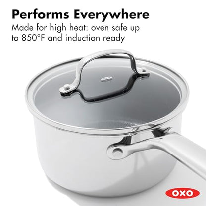 OXO Hybrid 2.5QT Nonstick Saucepan with Glass Lid, PFAS-Free Ceramic Chef Pot, Oven Safe to 850F, Induction & All Cooktop Compatible, Dishwasher Safe, Mirror Polished Tri-Ply