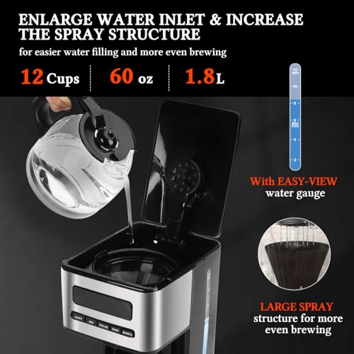 Taylor Swoden Programmable Coffee Makers 12 Cup, Hot and Iced Coffee Maker, 4 Brew Strength, LED Display, 24H Timer, Keep Warm&Auto Shutoff- Drip Coffee Machine for Home/Office, Black &Stainless Steel