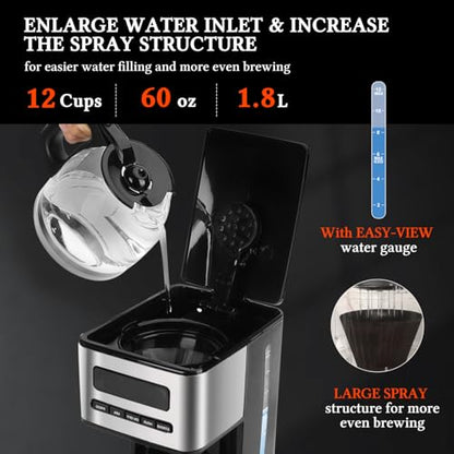 Taylor Swoden Programmable Coffee Makers 12 Cup, Hot and Iced Coffee Maker, 4 Brew Strength, LED Display, 24H Timer, Keep Warm&Auto Shutoff- Drip Coffee Machine for Home/Office, Black &Stainless Steel