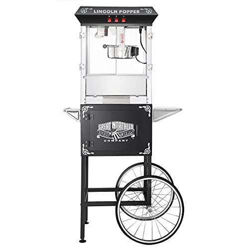 Lincoln Popcorn Machine with Cart - 8oz Popper with Stainless-Steel Kettle, Warming Light, and Accessories by Great Northern Popcorn (Black)