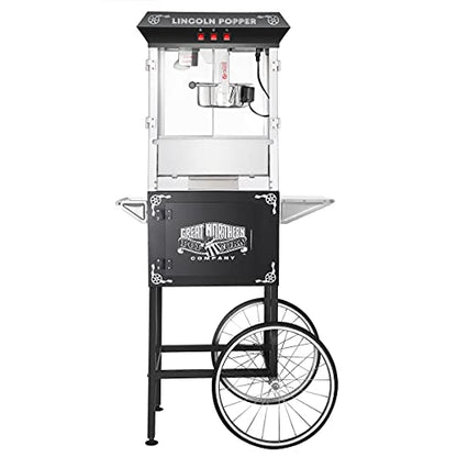 Lincoln Popcorn Machine with Cart - 8oz Popper with Stainless-Steel Kettle, Warming Light, and Accessories by Great Northern Popcorn (Black)