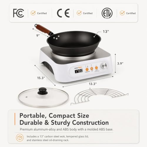 NESTIQEX Concave Induction Wok Cooktop Set, 1700W 120V Portable Induction Burner Electric Hot Plate with 13.4" Carbon Steel Wok, Glass Lid & Rack, Upgraded Steady Heat Control for Stir Fry & Hot Pot