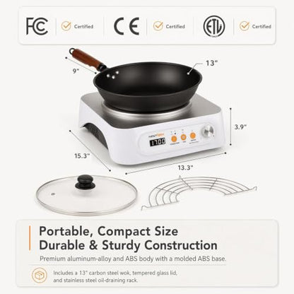 NESTIQEX Concave Induction Wok Cooktop Set, 1700W 120V Portable Induction Burner Electric Hot Plate with 13.4" Carbon Steel Wok, Glass Lid & Rack, Upgraded Steady Heat Control for Stir Fry & Hot Pot