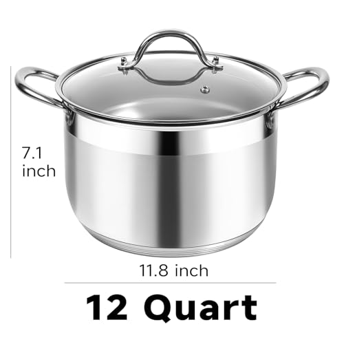 Kirecoo Stainless Steel Stock Pot - 12 Quart Heavy Duty Stock Cooking Pot with Visible Lid for Pasta, Soup, Spaghetti, Nonstick Thick Bottom Big Stockpot, Cookware for Canning, Boiling, Simmer