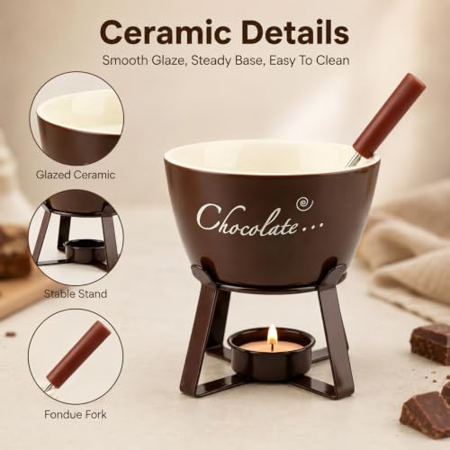 Ceramic Chocolate Melting Cup, Mini Personal Chocolate Fondue Mug with Fork