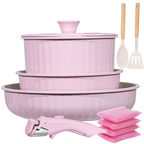 Vivicreate 11 Piece Pots and Pans Set Nonstick with Removable Handle, Induction Cookware, Stackable Kitchen Set for RV Camping Apartment, Frying Pan and Saucepan (Pink)