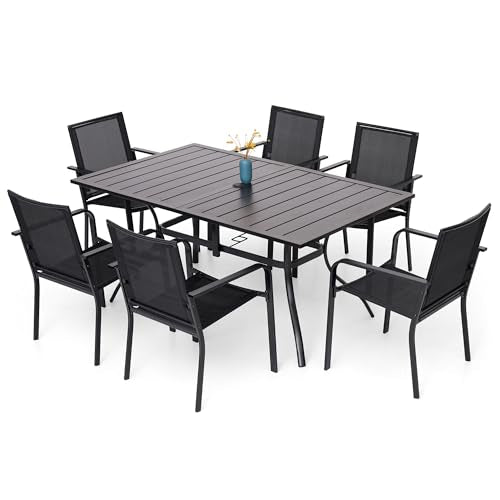 Anmutig Patio Dining Set for 6, 7-Piece Outdoor Furniture Rectangular Table and 6 Metal Textilene Stackable Chairs Set for Lawn Backyard and Deck Black