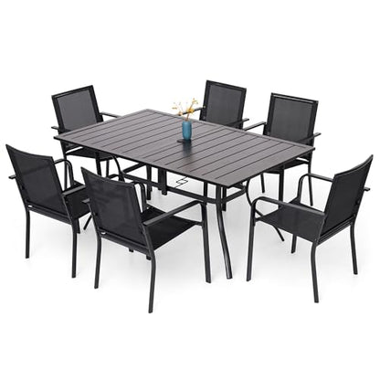 Anmutig Patio Dining Set for 6, 7-Piece Outdoor Furniture Rectangular Table and 6 Metal Textilene Stackable Chairs Set for Lawn Backyard and Deck Black