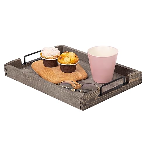 VERGOODR Country Rustic Torched Wood Nesting Breakfast Serving Trays with Handles, Set of 3 (Dark Grey)