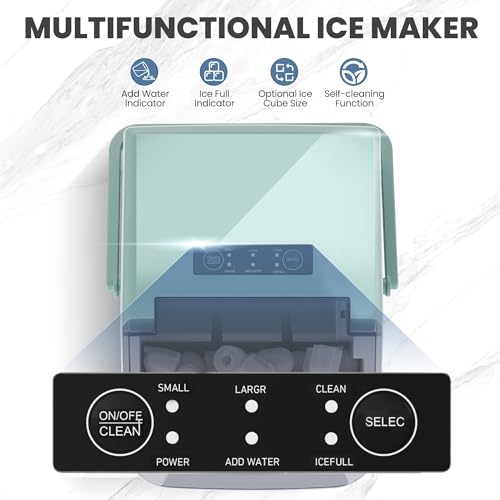 DUMOS Countertop Ice Maker with Handle, 26lbs/24H, Makes 9 Bullet Cubes in 6 Mins, Auto-Cleaning, Portable Ice Machine for Home Kitchen RV Camping, Green