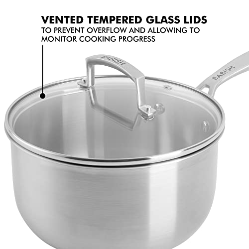 Babish Stainless Steel Saucepan 3.5 Quart Triply Professional Grade Cookware Durable Even Heat Distribution Sauce Pan with Handle for Cooking Boiling Sauces Soups and Everyday Kitchen Use