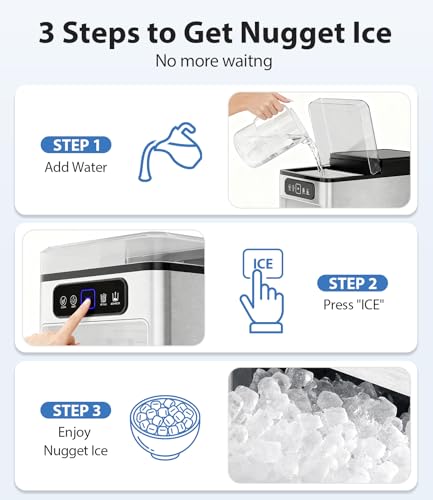 SenCre Nugget Ice Maker 40lbs/Day, Countertop Ice Maker Soft Chewable Ice, Ice Makers One-Click & Self-Cleaning, Crushed Pellet Ice Machine with Scoop&Basket for Home/Kitchen/Office, Stainless Silver