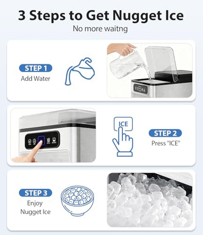 SenCre Nugget Ice Maker 40lbs/Day, Countertop Ice Maker Soft Chewable Ice, Ice Makers One-Click & Self-Cleaning, Crushed Pellet Ice Machine with Scoop&Basket for Home/Kitchen/Office, Stainless Silver