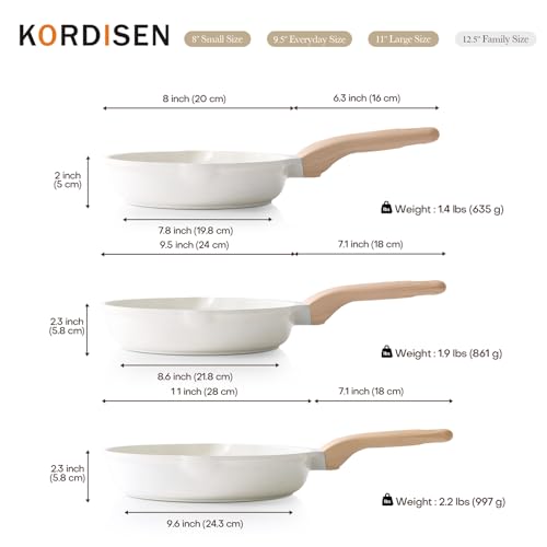 Kordisen Nonstick Ceramic Frying Pan Set, 3 Piece Ceramic Skillet Set, Healthy Non Toxic Cooking Pan, Stay-Cool Handle, Induction Compatible, PFOA & PFAS Free, White