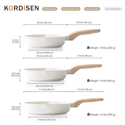 Kordisen Nonstick Ceramic Frying Pan Set, 3 Piece Ceramic Skillet Set, Healthy Non Toxic Cooking Pan, Stay-Cool Handle, Induction Compatible, PFOA & PFAS Free, White