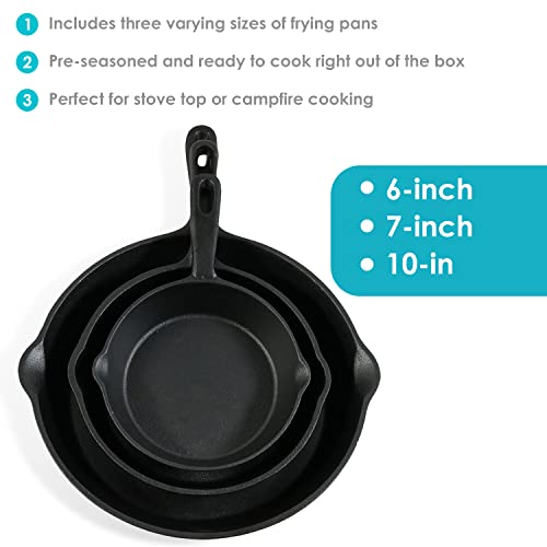 Sunnydaze 3-Piece Pre-Seasoned Heavy-Duty Cast Iron Skillet Set - 6-Inch, 7-Inch, and 10-Inch Black Metal Frying Pans