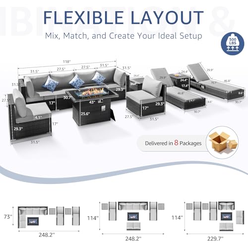 NICESOUL 11-Piece Patio Furniture with Chaise Lounge, Modern Wicker Outdoor Sectional with Fire Pit, Comfortable 29.3'' High-Back Conversation Seating, Heavy Duty All-Weather Couch Set, Light Grey