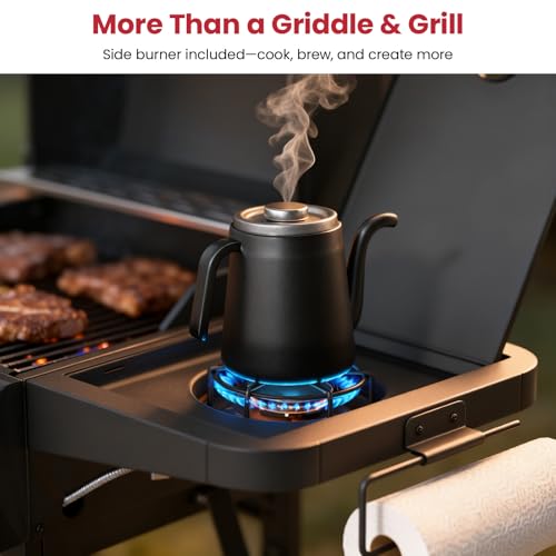LAUDLIFE 5-Burner Propane Grill Griddle Combo with Side Burner, Dual Zone BBQ Gas Grill, Non-Stick Porcelain-Enameled Surface, Easy to Clean, 702 Sq.In. Cooking Area, Heavy-Duty Stand for Backyard