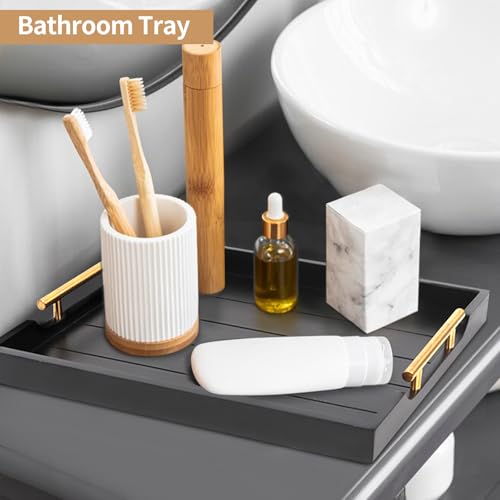 SXNOWS Coffee Table Trays - Large Ottoman Tray for Living Room -Wood Serving Tray with 2 Sets of Handles - Wooden Tray for Coffee Table, 4 Round Coasters Included, Black