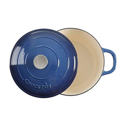 Crock-Pot Artisan 7-Quart Round Enameled Cast Iron Dutch Oven – Sapphire Blue, Durable Heavy-Duty Cookware for Slow Cooking, Baking, Roasting with Lid