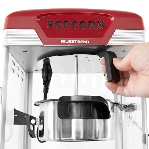 West Bend Stir Crazy Movie Theater Popcorn Popper, Popcorn Maker Machine with Nonstick Popcorn Kettle, Measuring Tool and Popcorn Scoop for Popcorn Machine, 4 Qt., Red